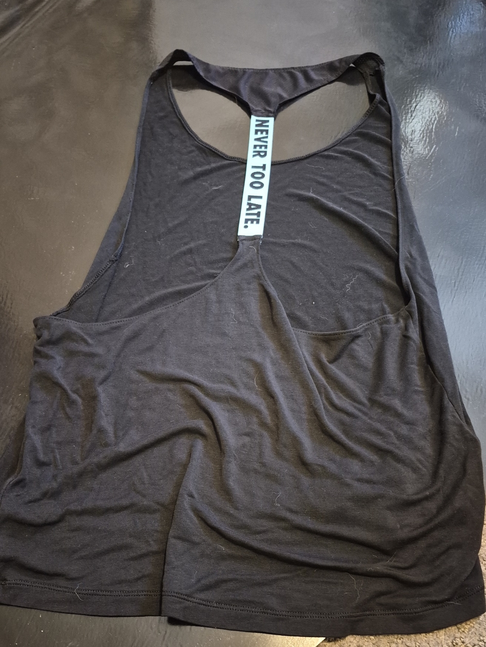 Never Too Late Black Racerback Tank Top